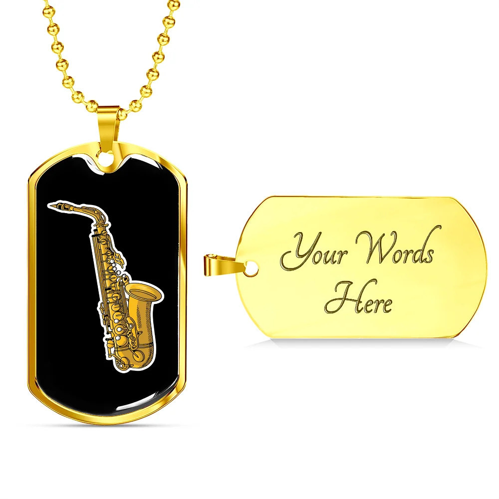Musician Necklace Saxophone Personalized Engraved Gold Dog Tag Necklace Custom